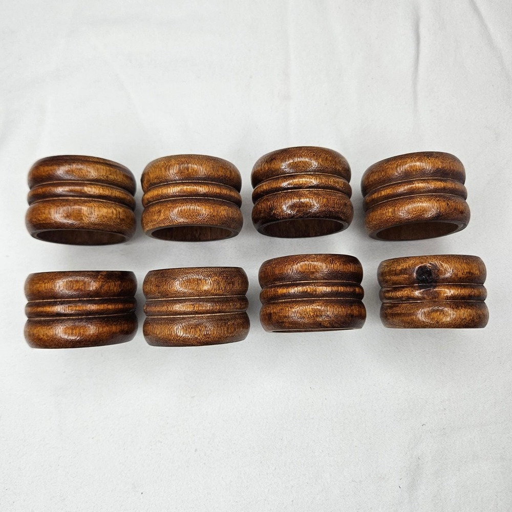 Vtg Knobler Wood Napkin Rings Set of‎ 8 Ribbed Brown MCM Table Decor Taiwan Boho